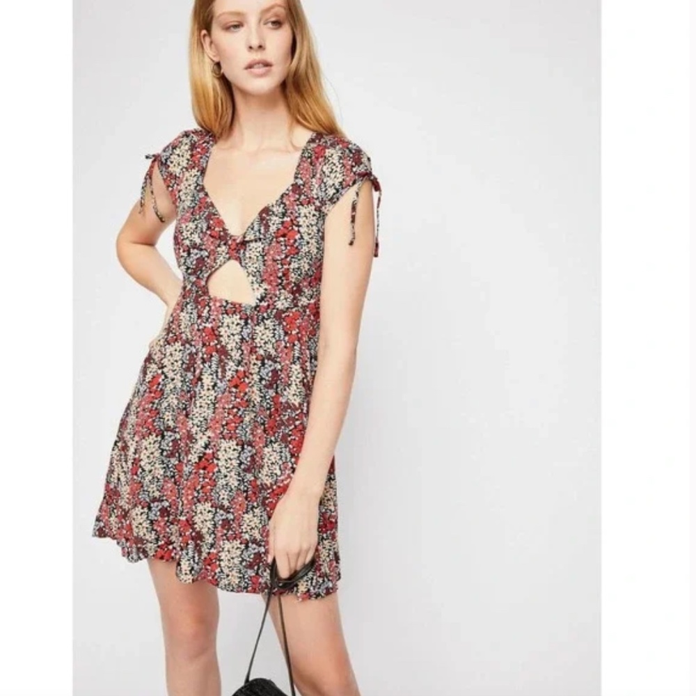 Free People Floral Front Cutout Miss Right Mini, Size Large, Black/Red/Cream